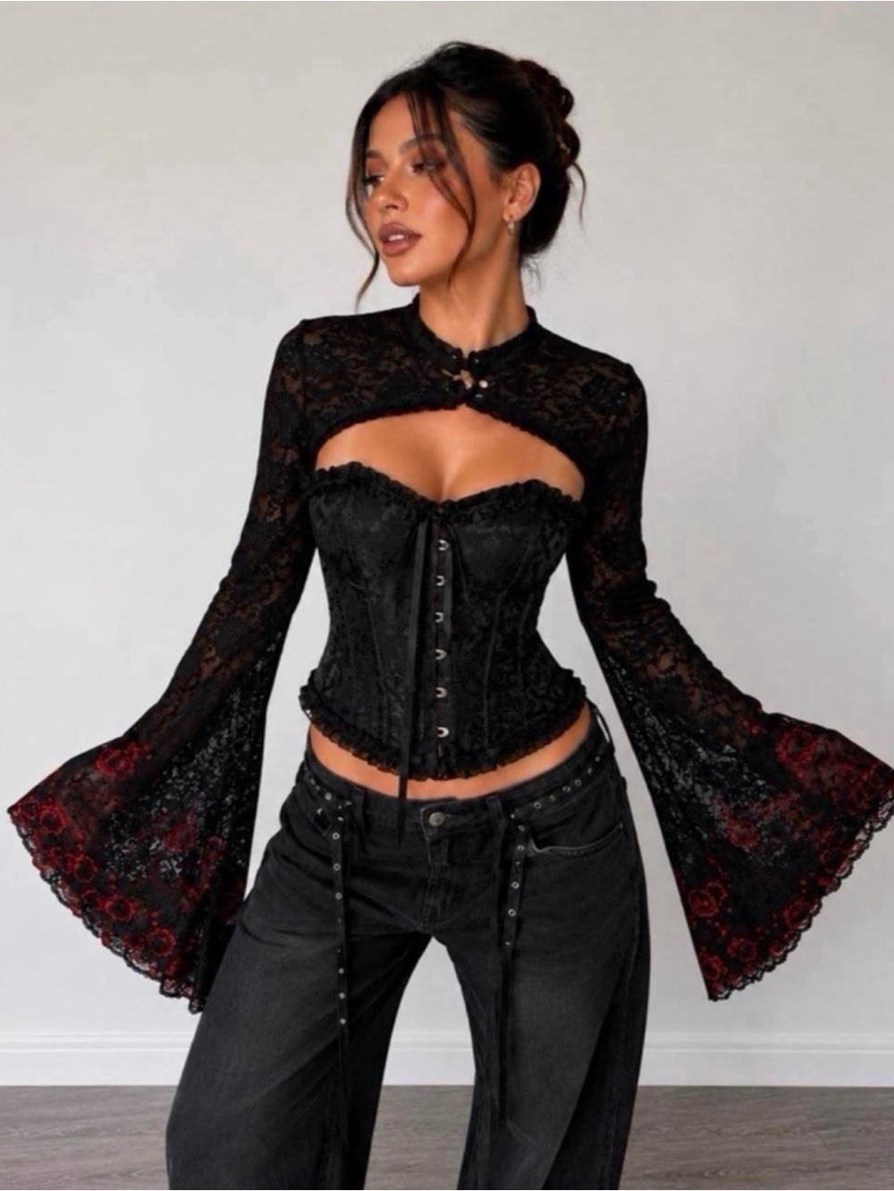 Black Corset Top with Red & Black Lace Bell Sleeve Bolero